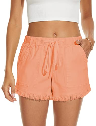 HVEPUO Damen Koralle Shorts Sommer Casual Lose mit Taschen Damen Drawstring Kurze Hose Orange XXL