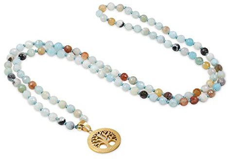 COAI Collana Mala 108 Perline di Amazzonite Annodate a Mano con Ciondolo Albero della Vita in Acciaio Inox, Collana Rosario da Uomo e da Donna per Yoga e Meditazione