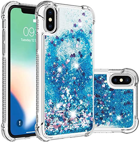 IMEIKONST Compatible with iPhone XS Glitter Case, Liquid Sparkle Quicksand Clear Transparent Sequin Girls Slim TPU Bumper Silicone Shockproof Cover for iPhone XS/X. Love Blue YBW