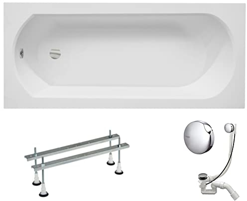 VBChome Acryl Badewanne 150x75 cm Weiß Rechteck Wanne Siphon Wannenfüße Design Modern Ablaufgarnitur in Chrom