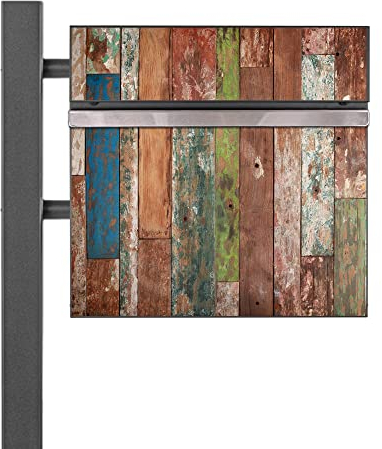 banjado® Standbriefkasten Anthrazit mit Motiv Buntes Holz & Zeitungsfach/Briefkasten mit Standfuß in Anthrazit/Postkasten A4 Einwurf inkl. Montagematerial & 2 Schlüsseln