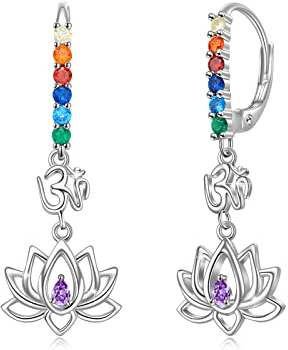 Lotus Blumen Ohrringe 925 Sterling Silber 7 Chakra Ohrringe Lotus Baumeln Tropfen Ohrringe CZ Baumelnde Ohrringe Yoga Lotus Schmuck Geschenk für Frauen Teenager Mädchen