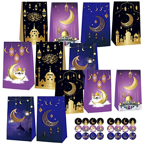 12 Stück Eid Mubarak Geschenktüten, Ramadan Papiertüten Kraftpapiertüten Kraftpapier Tüten, Muslim Süßigkeiten Tasche mit 24 Aufkleber, Eid Mubarak Candy Taschen zum Befüllen Geschenkverpackung (C)