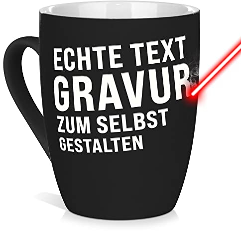 Tasse mit Gravur selbst gestalten - mit eigenem Spruch / Wunschname gravieren - Geschenk Geburtstag, Weihnachten, Freunde, Familie Keramiktasse außen gummiert - Schwarz, 300 ml I Lasergravur