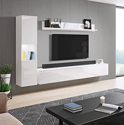 MINIO go for it - Wohnwand Parma, 3-Teilig Set, mit LED Beleuchtung, Hängend oder Stehend, Highboard, Lowboard, Wandboard, Laminierte Spannplatte, Weiß matt/Weiß Hochglanz