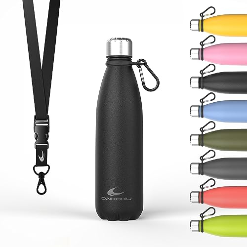 Daikoku - Edelstahl Wasserflasche | 100% Auslaufsicher | Hält 12 Stunden Heiß, 24 Stunden Kalt | BPA-Frei und Gesund | Modische Farbe, Ideal für Alltag und Outdoor | Schwarz | 500 ML
