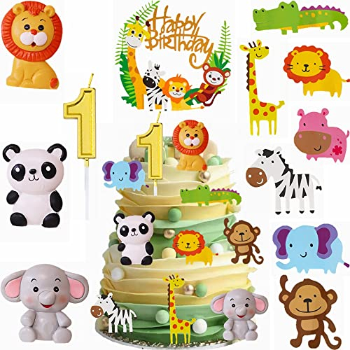 Yunchu Online Tortendeko 1. Geburtstag für Baby Kinder Mädchen Safaritiere Kuchendekoration Waldtiere Figuren Happy Birthday Kuchendeko Tiere Geburtstag Deko Kuchen Topper für 1 Jahr Junge Mädchen