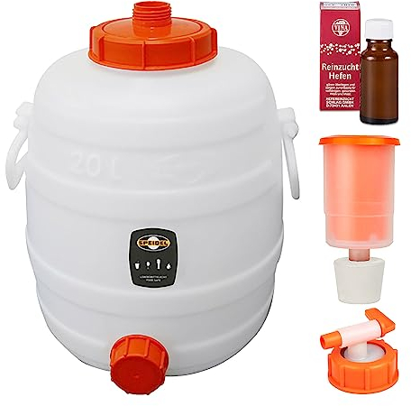 Mostfass 20 Liter Komplett Set inkl. Hahn, Gärspund und Hefe, Reinzuchthefe Steinberg, Gärfass (20 L rund) für Most, Wein, Cider, Fass Getränkefass lebensmittelecht, Kunststoff Gärbehälter