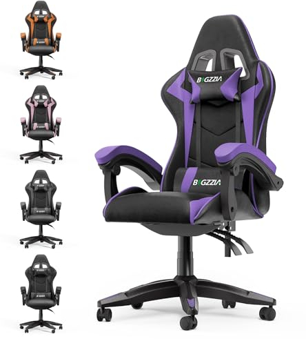 bigzzia Gaming Stuhl Ergonomisch - Gamer Stühle mit Lendenkissen + Kopfstütze Gaming Chair Höhenverstellbar Bürostuhl Computerstuhl für Erwachsene Mädchen Junge, Schwarz-Lila