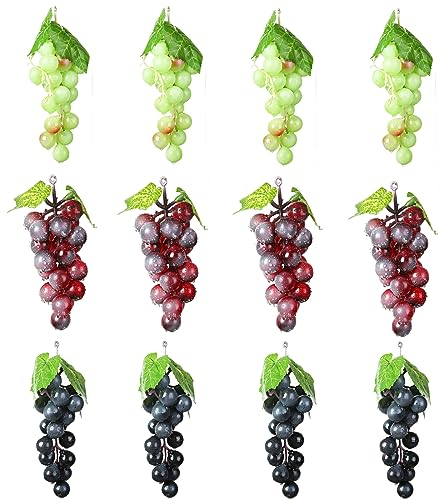 Molyorch 12 Pezzi Decorativi Realistici Uva Grappoli, Artificiali Simulazione Uva Grappoli, Uva Nera Artificiale, per Decorazione del Vino, Puntelli di Frutta Artificiali (Verde&Fucsia&Nero)