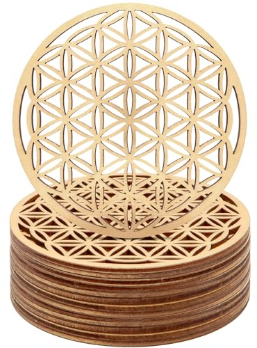 VEGCOO Lot de 12 Sous-Verres en Bois de Bouleau, Fleur de Vie, pour Méditation, Décoration Maison, Ornement de Salle à Manger (10 x 10cm)