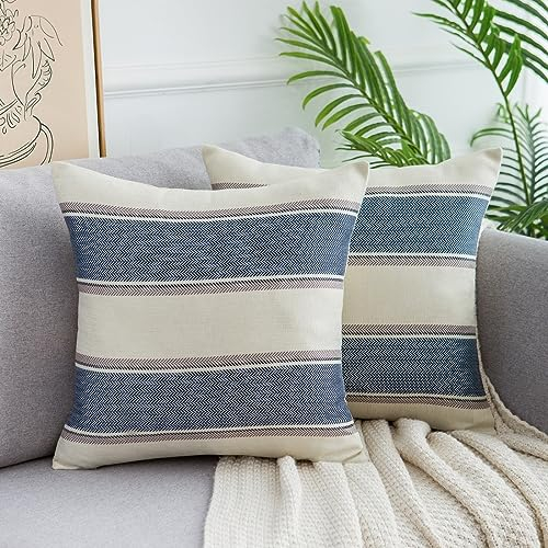 Federe Cuscini Divano 50x50 Copricuscini Moderne a Righe Federe Cuscini Blu Arredo Casa Strisce Geometrico Copricuscini Decorativi in Lino Federe per Cuscini per Camera da Letto Soggiorno 2 Pack