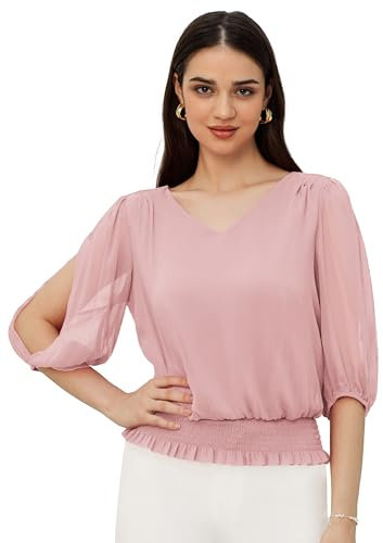 GRACE KARIN Camicetta Elegante Chiffon Donna Manica 3/4 Moderna Top Donna per Top Autunnali Camicia Casual M Rosa Chiaro