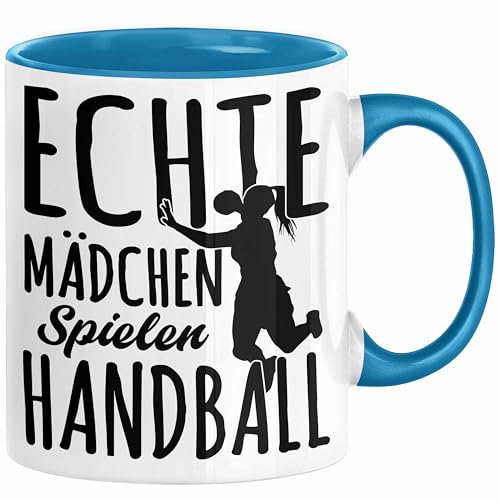 Trendation Keramik Tasse, 325 Milliliter, Echte Mädchen Spielen Handball, Geschenkidee für Frauen und Mädchen, Blau