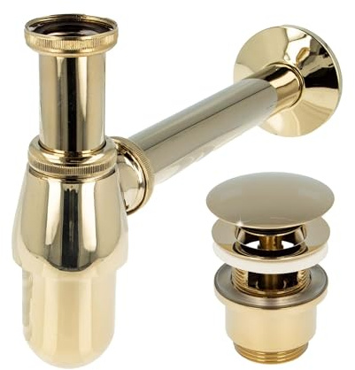 tecuro Siphon mit Pop Up Ablaufventil vergoldet - Universal Set für Waschtisch/Waschbecken