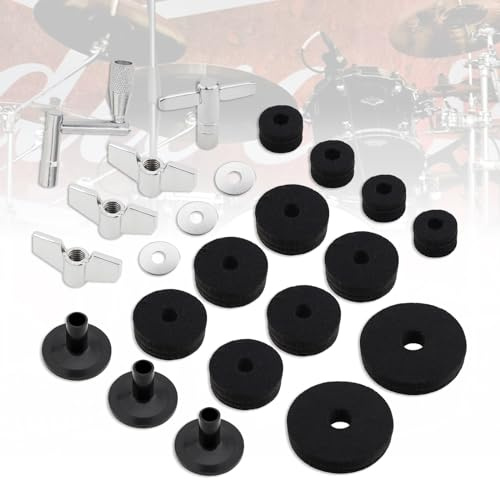 MuzcYM 23pcs Standard Size Cymbal Stand Sleeves and Felt for Drum Set with Base Wing Nuts Cymbal Washer and Drum Keys, Black Cymbals Stand Felt Pads Replacement