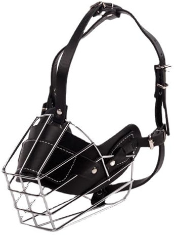 FOUDAY Pitbulls and German Shepherds Dog Muzzle Wire Basket, Metal Face Basket Dog Mouth Breathable, Adjustable and Durable Leather Lead (Black B, 8.5 * 30 * 37cm)