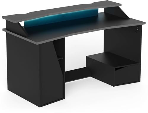 Miroytengo Escritorio Gaming con Leds Venom Color Negro 160x93x76 cm Melamina con Armario, Cajón, Altillo y Sujeta Cascos