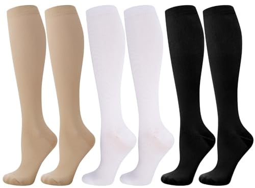 Utensilsto 3 Paare Kompressionsstrümpfe, Stützkniestrümpfe Compression Socks Lange kompressionssocken mit 15-25Mmhg Reisestrümpfe Stützstrümpfe für Damen Herren Laufen, Sport, Flug, Reisen,L/XL