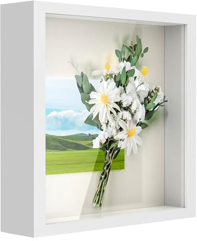 Anhow 3D Cadre Photo 20x20x4.4 cm, 3D Cadre Profond avec Vitre pour Fleurs, Souvenirs Décoration DIY - 3cm Profondeur/ Blanc