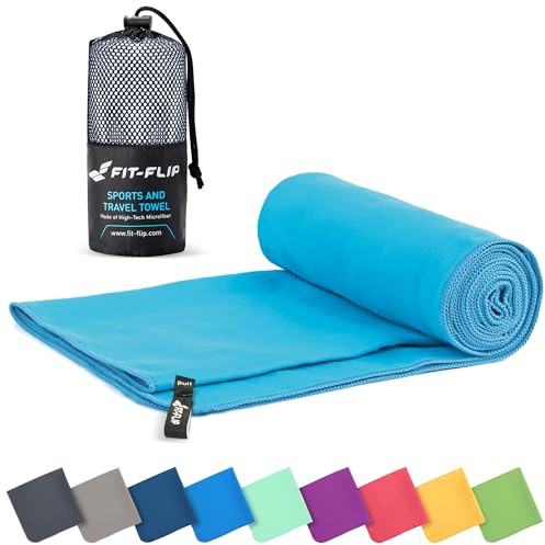 Fit-Flip Microfibre towel - compact, ultra lightweight & quick dry - perfect for gym, travel & beach - swimming towels for sports, camping & hiking (100x200cm sky blue + bag)