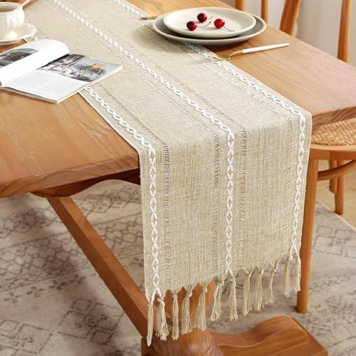 Kaffee Makramee Tischläufer, Tischläufer Boho, Tischdecke Leinen, Tischläufer Abwaschbar, Landhausstil Quasten Tischläufer, Böhmische Hochzeit Tabletop Dekor, 33*160cm