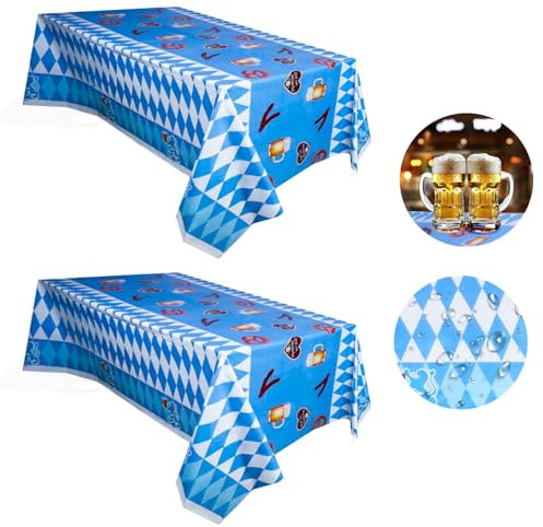 2 Stück Bayerische Tischdecke, Blau Weiß Oktoberfest Tischdecke, PE Tischdecken für Biertische Wiederverwendbar, Oktoberfest Deko Tisch für Bierzelten Haushalt Speisesaal