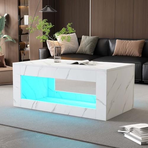 PUGSDRLY Table Basse Moderne avec Espace de Stockage Ouvert et Éclairage LED, Blanc Rectangulaire, 100.5x50.5x50 cm (B)