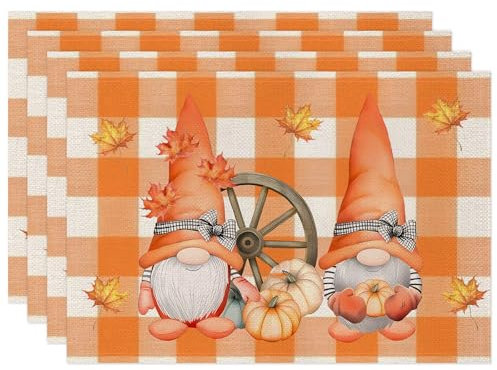 4er Set Platzset Herbst Tischset Herbst Leinen Platzdeckchen 30x45cm Herbst Tischsets mit Kürbis Ahornblätter Herbstdeko Halloween Tischsets (01)