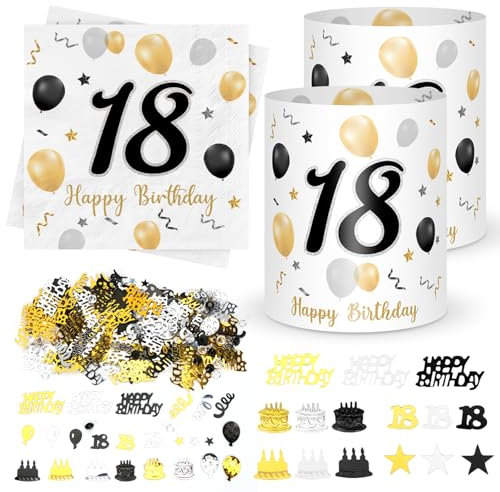 20 Stück Servietten 18. geburtstag+ 12 Stück Windlicht Tischdeko 18 Geburtstag + 500 Stücke Konfetti 18 Geburtstagsdeko Schwarze Gold, Deko 18. Geburtstags, Tisch Deko 18 Jahre Happy Birthday Jubiläum