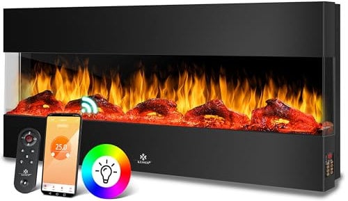 KESSER® Wandkamin Elektrokamin 3D Elektrischer 138cm Kamin mit Heizung 9 Farbmodi LED Flammeneffekt, 900/1800 W Kaminofen Wand und Einbaukamin Wandmontage Heizung App-Funktion Fernbedienung schwarz