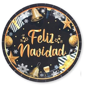 Partilandia 6 Platos de papel Negros y Dorados de Feliz Navidad de 23 cm