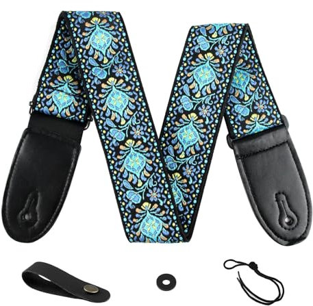SOWBUD Embroidered Version Guitar Strap, Blue Patterned Bass Guitar Strap Also for Electric Guitars Banjos Mandolins and More, Adjustable Design for Musical Lovers