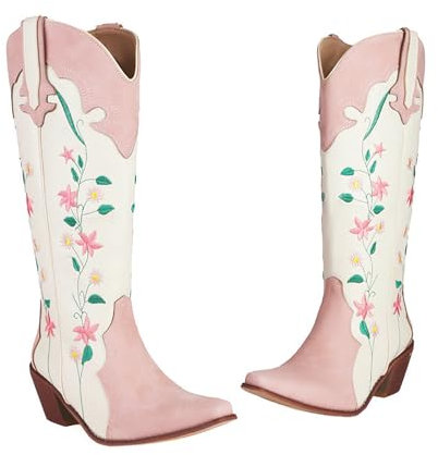 ENWIND Donne Fiore Ricamato Stivali da Cowgirl A Punta Stivali Occidentali Tacco Grosso Tirare su metà Polpaccio Cavaliere Stivali da Equitazione,Rosa,44 EU