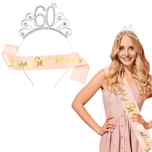GVEYIQK 60. Geburtstag Krone Schärpe Krone, Happy 60th Birthday Geburtstags Kristall Tiara Krone mit Geburtstags Schärpe, Frauen deko für Birthday Geburtstag Deko, für Mädchen Party Deko Zubehör