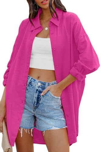 Cicy Bell Camicetta Oversize da Donna Camicie a Maniche Lunghe Button Down T-Shirt Casual in Cotone con Tasche