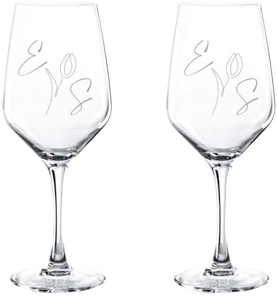 PROMO SHOP - Copas de Vino Personalizadas con Nombre, Grabado a Láser, Copa de Cristal Grabada, Regalo para Parejas, San Valentín (Iniciales y Flor, Pack 2 Copas)