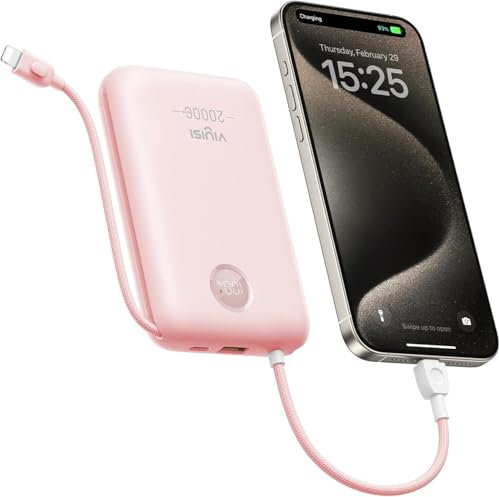 Batterie Externe 20000 mAh VIYISI 30W Power Bank Ultra Rapide Charge USB C avec Câble Intégrés,Batterie Portable Compacte Compatible avec iPhone 16 15 14 13 12 11 Samsung(Rose)
