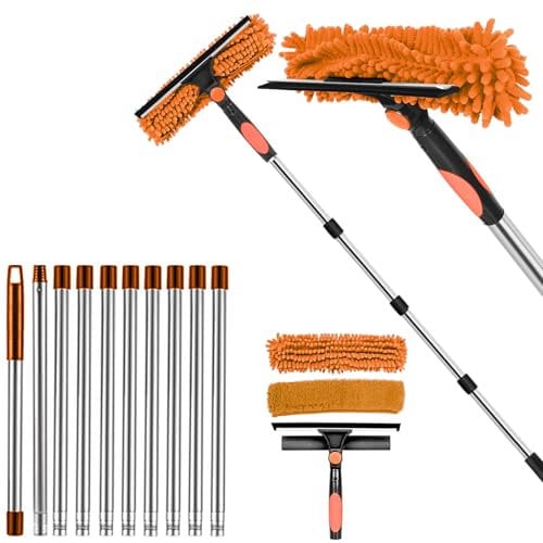 Window Cleaner Squeegee, 4.3m Telescopic Window Squeegee Cleaning Kit, Window Cleaning Equipment With Silicon Squeegee & Microfiber Scrubber,Shower Squeegee For Glass,Car,Floor,Wall(Orange)