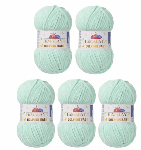 5 x Himalaya Dolphin Baby Wolle Garn Baumwolle Strickwolle zum Stricken häkeln super Bulky Chenille Garn Wolle Strickgarn 100g 120m Polyester Elomnia (5x-A1-80307 Helles Grün)