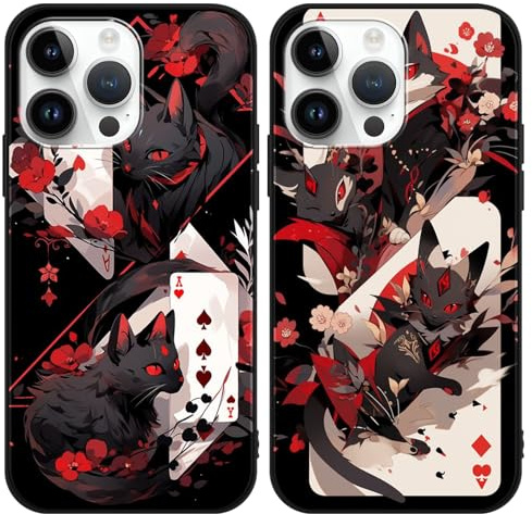 PBNDJVG 2 Pack Phone Case For iPhone 14 Pro 6.1 inch, Anime Cat Poker Aesthetics AI Cartoon Pattern Shockproof Soft Aesthetics Design Full lens Protection Cover for Children Boy Girl, Black