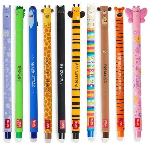 LEGAMI - 10er Set Gel-Radierstifte, Erasable Pen, Stifte mit radierbarer Tinte, Gelschreiber Radierbar ohne Blatt zu verbrauchen, 0,7 mm Spitze, verschiedene Tintenfarben und Tiermotive