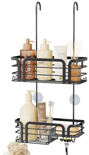 SWTYMIKI Shower Caddy Hanging Organiser - Over Door Shower Caddy with Soap Holder, 11 Hooks, 2 Installation Ways for Shower Organiser, Stainless Steel Shelf Hanging for Bathroom Shampoo, Conditioner