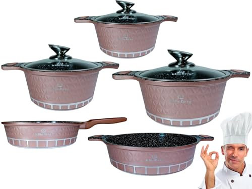 Set di pentole da 10 pezzi, padella, coperchio, wok, induzione, rivestimento antiaderente marmorizzato, pentole e padelle con coperchi rivestiti di nero, pentole a induzione (oro rosa)