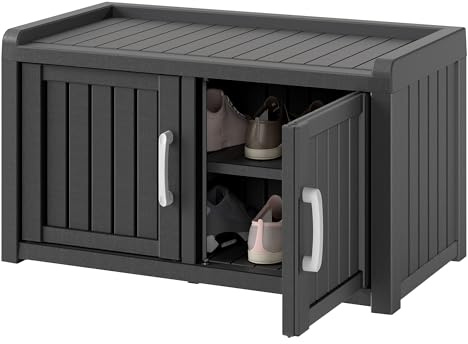 KAMABOKO Outdoor Shoe Storage Cabinet, Waterproof UV-Resistant Entryway Storage Bench Indoor Outdoor with 2 Barn Doors, Adjustable Shelves for Entryway, Bedroom, Hallway,Living Room(Black)