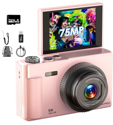 Digitalkamera, Verbesserte UHD 5K 75MP Kamera Fotoappara mit 64-GB-SD-Karte, 18X Digitalzoom, 2,83'' 180° Klappbildschirm, Aroßer Akku, Retro Tragbare Vlog Kamera für Kinder Student Anfänger (Rosa)
