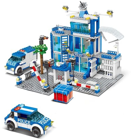 JUCYJULY Polizeistation Bausteinset – 760 Klemmbausteine – Mit 2 Polizeiwagen & Hubschrauber – Spielzeug Geschenk für Erwachsener (6008)