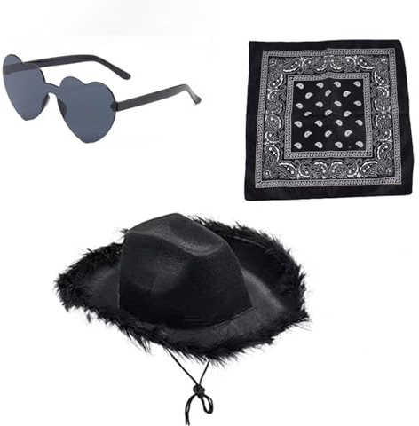 QIUhhpuy Cowgirl Kostüm Damen Rosa Cowboy Hut Damen Set Western Filzhut mit Federtrimm Herz Brille und Rosa Bandana Accessoires Westen Cowgirl Kostüm Pinker Cowboyhut für Damen Cosplay Party Karneval