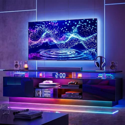 Nordivale 200cm High-Glossy TV Stand with 2 Side Cabinets, Storage Entertainment Center, Modern Stylish TV Console with 3 Layer LED Lights&Power Outlets,Remote&APP Control for Living Room Use Black