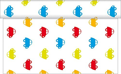 Sovie HOME Tischläufer Cars aus Linclass Airlaid, 40cm x 4,80m, 1 Stück, perforiert alle 30cm, Kinder Tischdeko, buntes Autos, Ideal für Kindergeburtstage